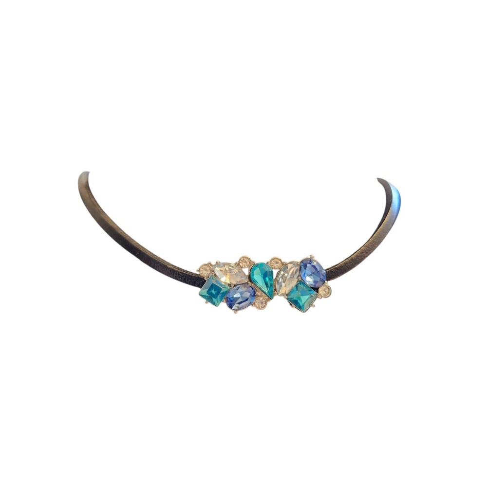 Black Leather Choker Necklace w/ Dark and Teal Blue and Clear Rhinestones 14-17"